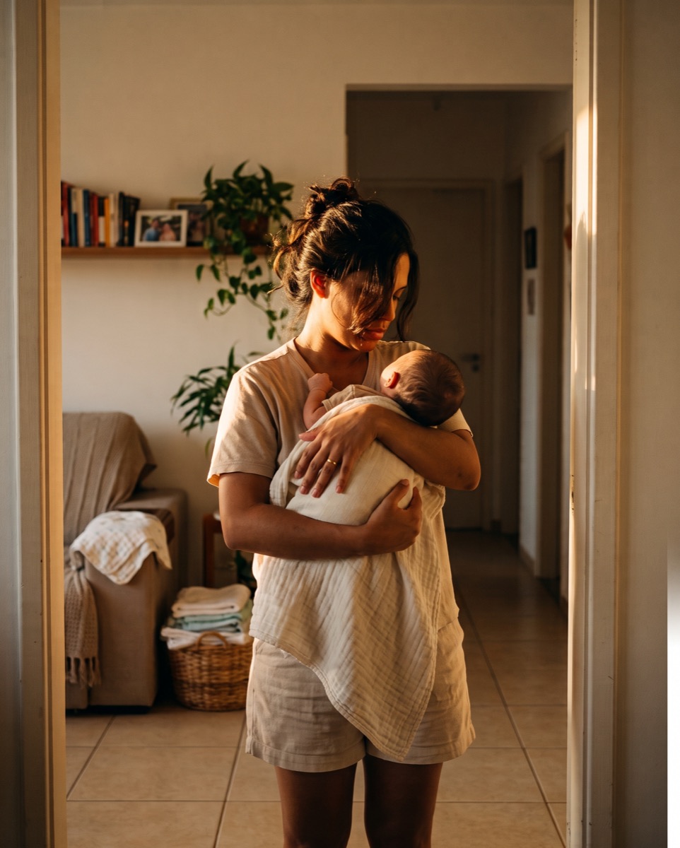 Mãe de pé na porta da sala, com o bebê recém-nascido adormecido no colo, no fim da tarde.