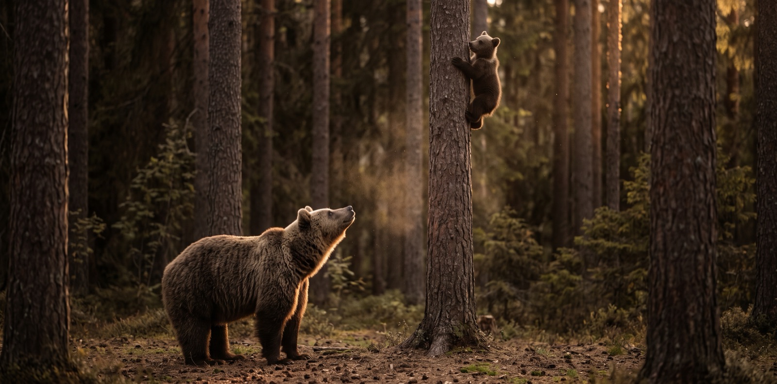 Ursa parada no chão da floresta, olhando para cima, enquanto o filhote sobe sozinho pelo tronco de uma árvore.